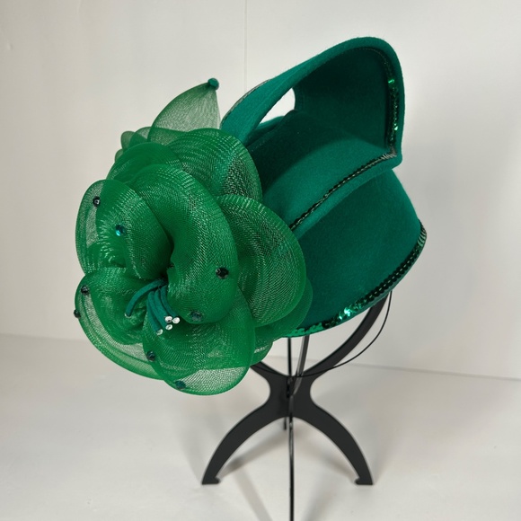 Deborah New York Hat Green 7” VTG Wool USA Sequence Tea Party Church Christmas - Picture 1 of 14